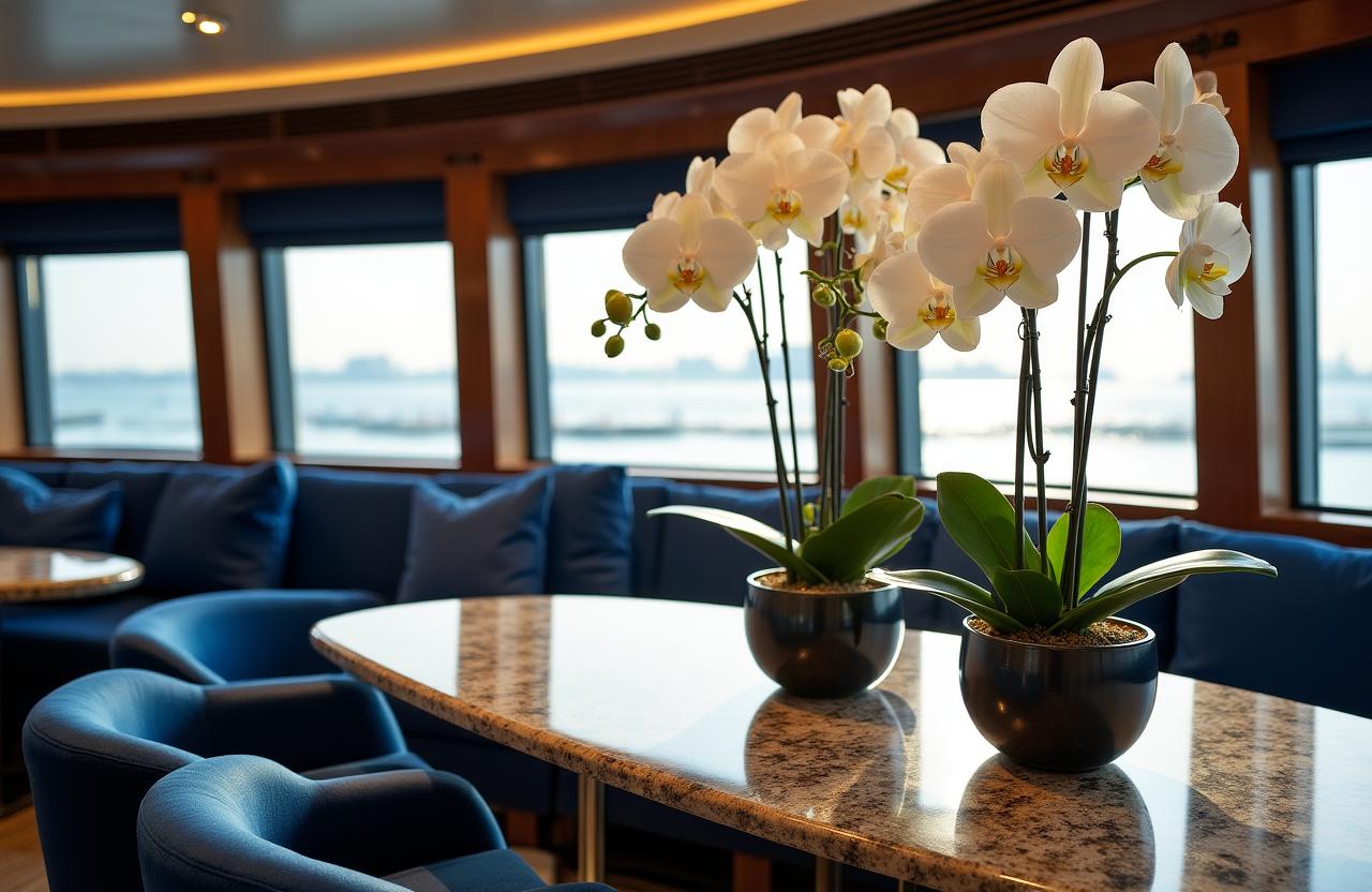 Luxury yacht interior with large orchid arrangements