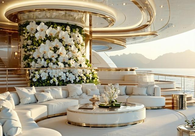 Luxury yacht lounge with bespoke orchid arrangements