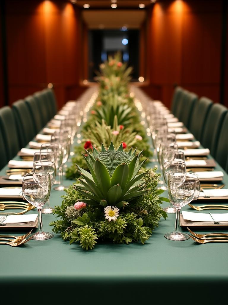 Corporate gala on a superyacht with structured gold and green floral arrangements