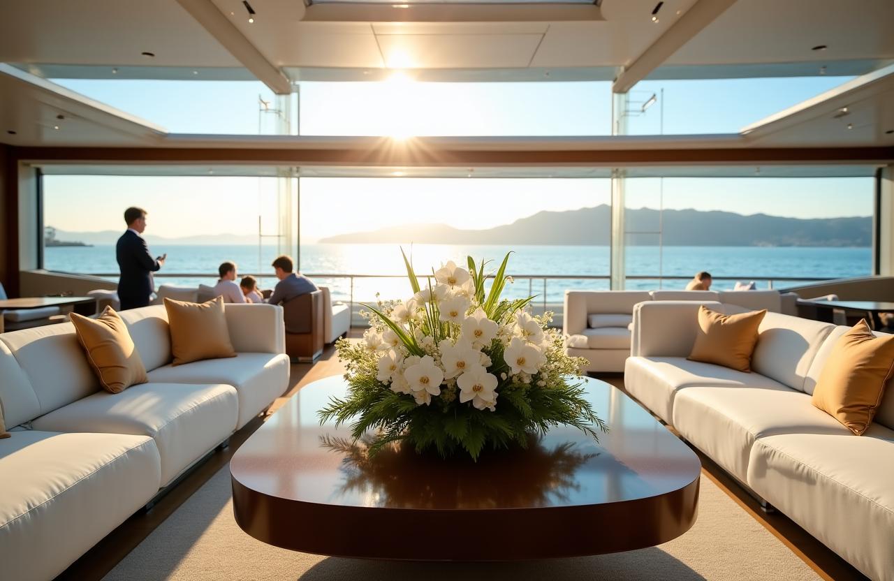 Luxury superyacht interior with bespoke floral arrangements